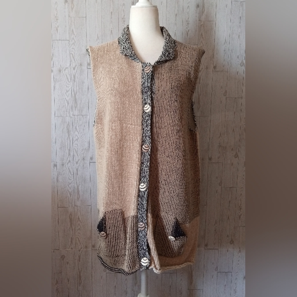 M. Gibson Tan and Black Button-Up Knit Cardigan Vest Women's Size L